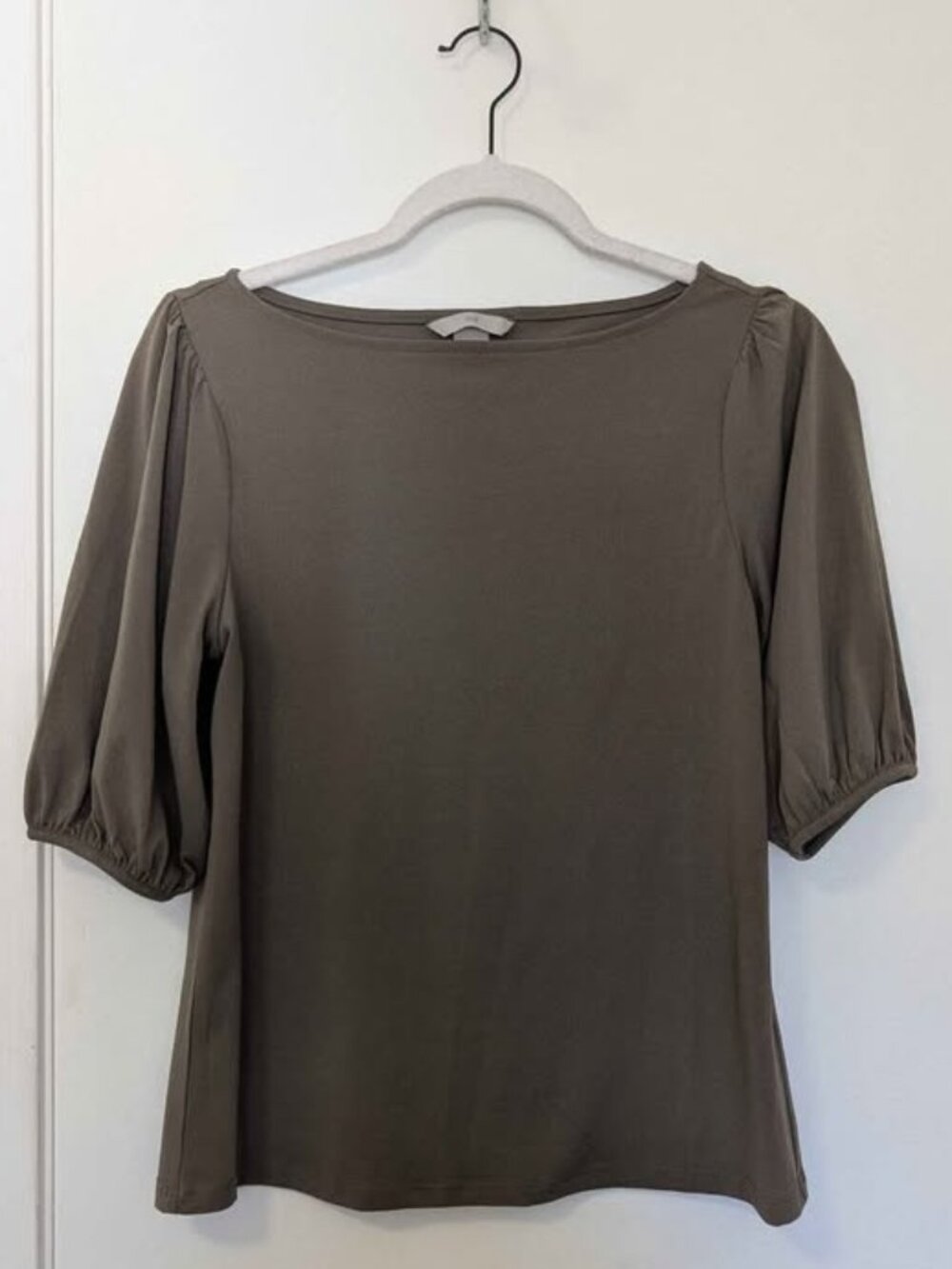 H&M Olive Green Puff Sleeve Lightweight Boat Neck Top, XS
